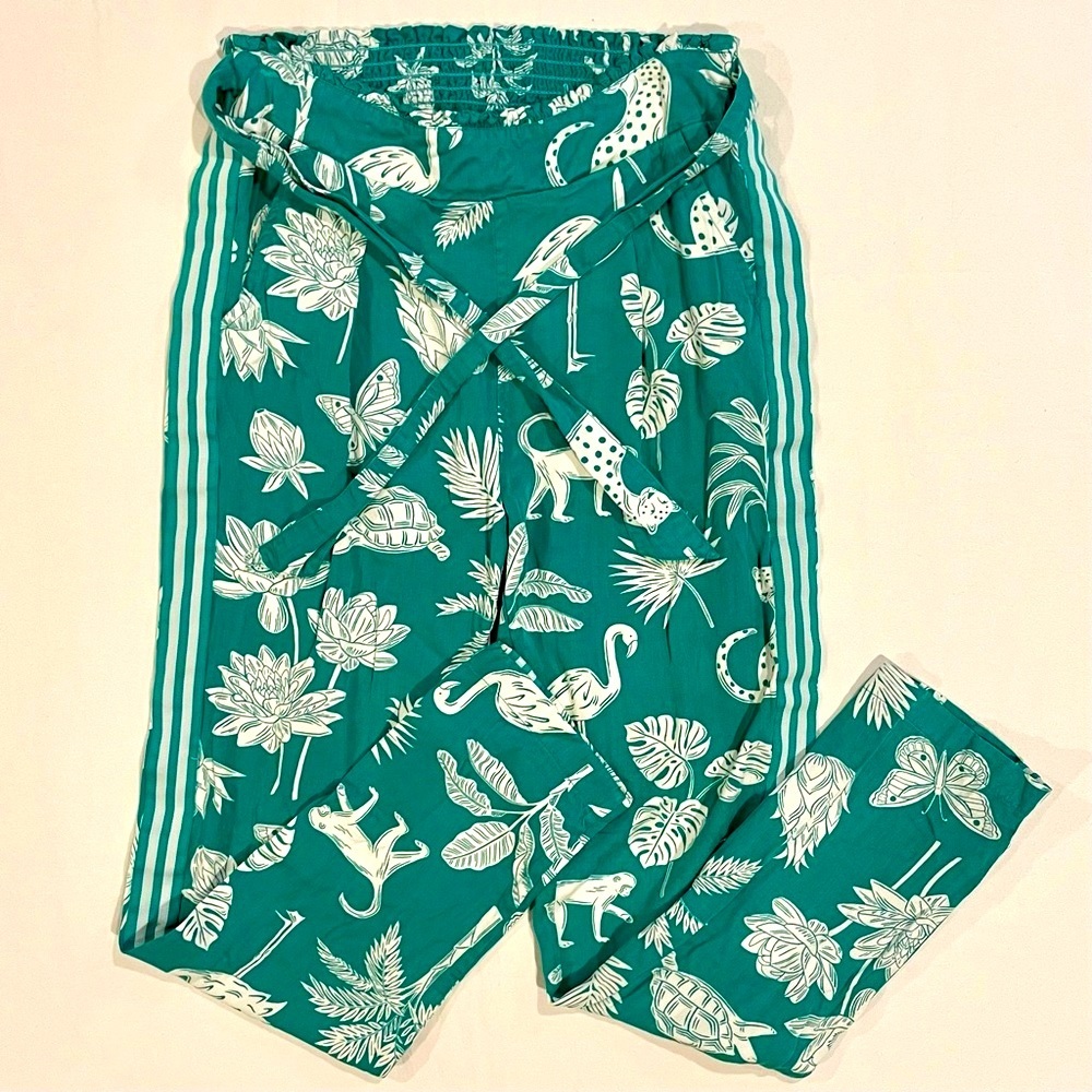 Boden Paperbag Pants Girls 12 Bamboo Palm Trees Monkeys Turtles Butterflies Teal